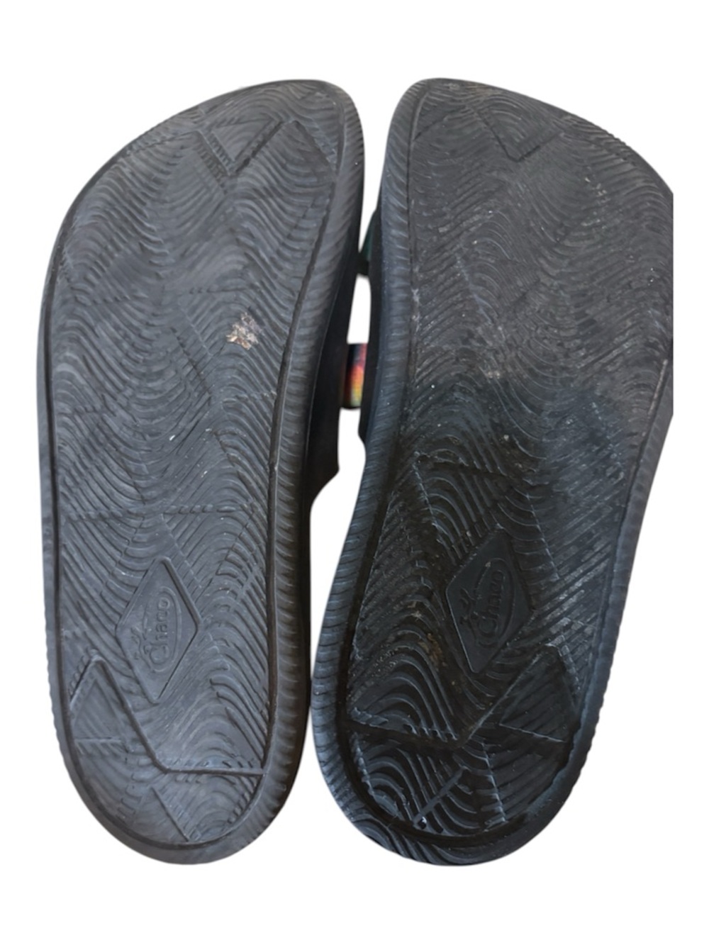 Chaco Slide Sandals in Beige and Black with Rainbow Tie-Dye Straps - Picture 5 of 11